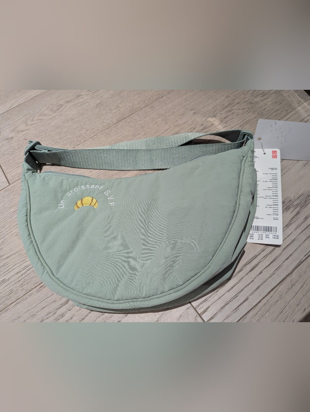 Uniqlo Sage Green Crescent Crossbody Bag with Croissant Embroidery